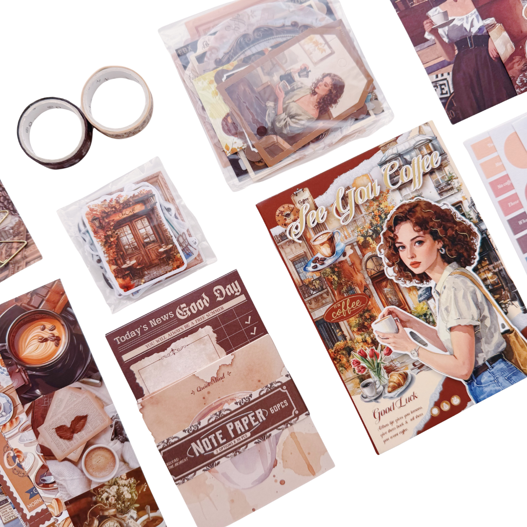 See You Coffee - Kit de Journal - Stickers, Papel Decorado y Washitapes