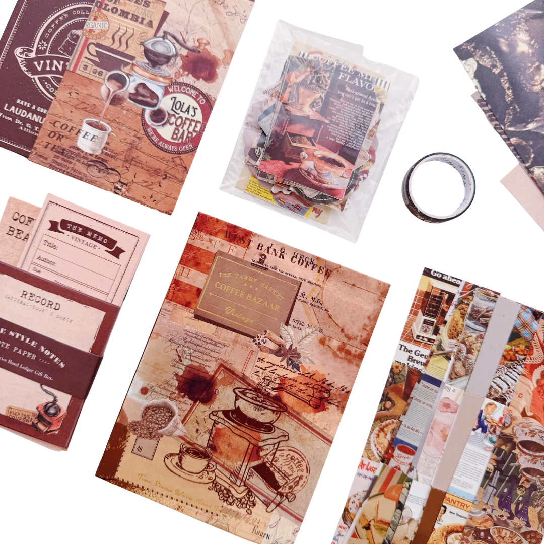 Coffee Bazaar - Kit de Journal - Stickers, Papel Decorado y Washitapes