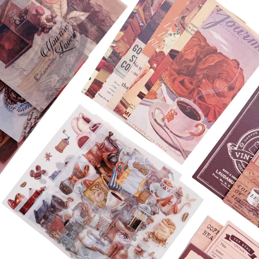 Coffee Bazaar - Kit de Journal - Stickers, Papel Decorado y Washitapes