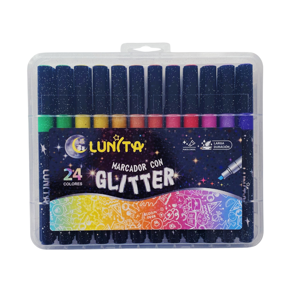 Plumones Con Glitter Punta Cincel - Set 24 Colores
