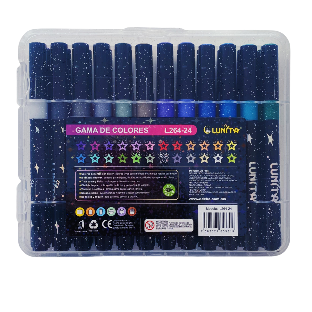 Plumones Con Glitter Punta Cincel - Set 24 Colores