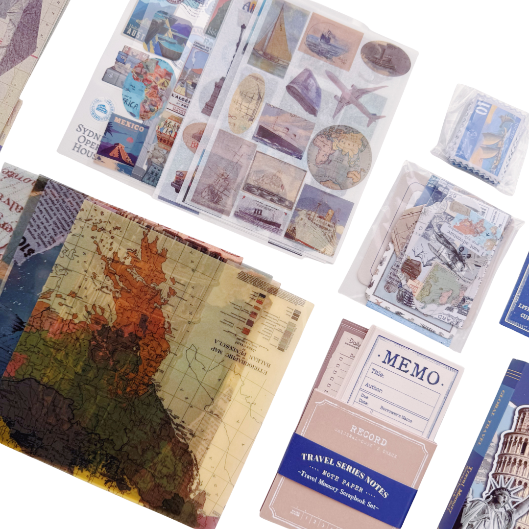 Global Travel - Kit de Journal - Stickers, Papel Decorado y Washitapes