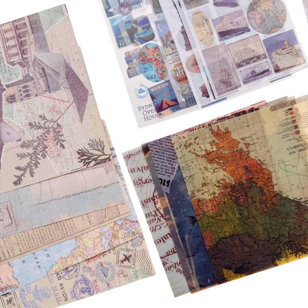 Global Travel - Kit de Journal - Stickers, Papel Decorado y Washitapes