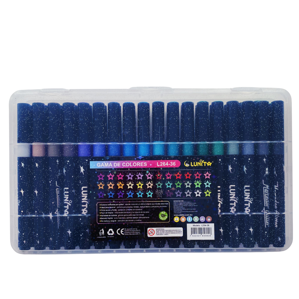 Plumones Con Glitter Punta Cincel - Set 36 Colores