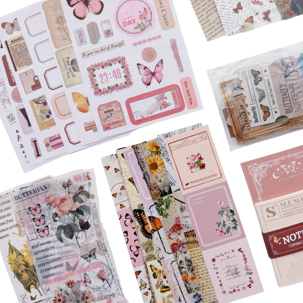 Butterfly Café - Kit de Journal - Stickers, Papel Decorado y Washitapes
